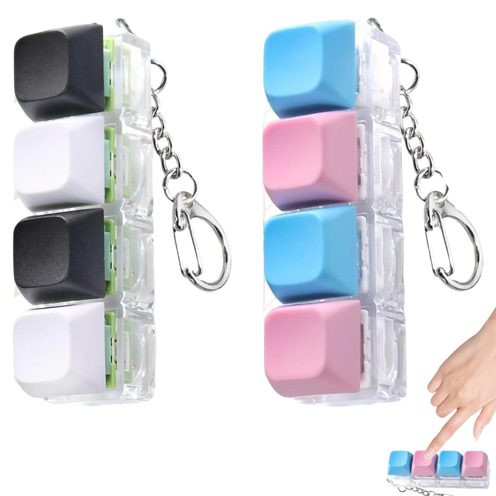 FeiatPogra 2Pcs Keyboard Fidget Toy for Adults Stress Relief, 4-Button Mechanical Clicker Keychain, Anxiety Relief Gift for Teens, Keychain for ADHD & Focus(Black White Silent, Blue Pink Regular)