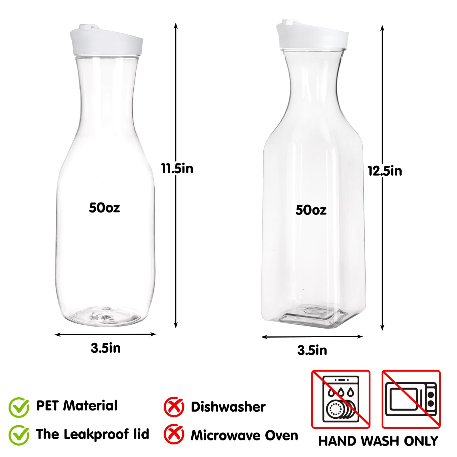 TOMNK Plastic Carafe with Lids 2pcs 50oz, Juice Containers, Juice Carafe for Mimosa Bar, Drink Pitcher, Water/Wine Carafe, Milk Container, Circle Water Bottle