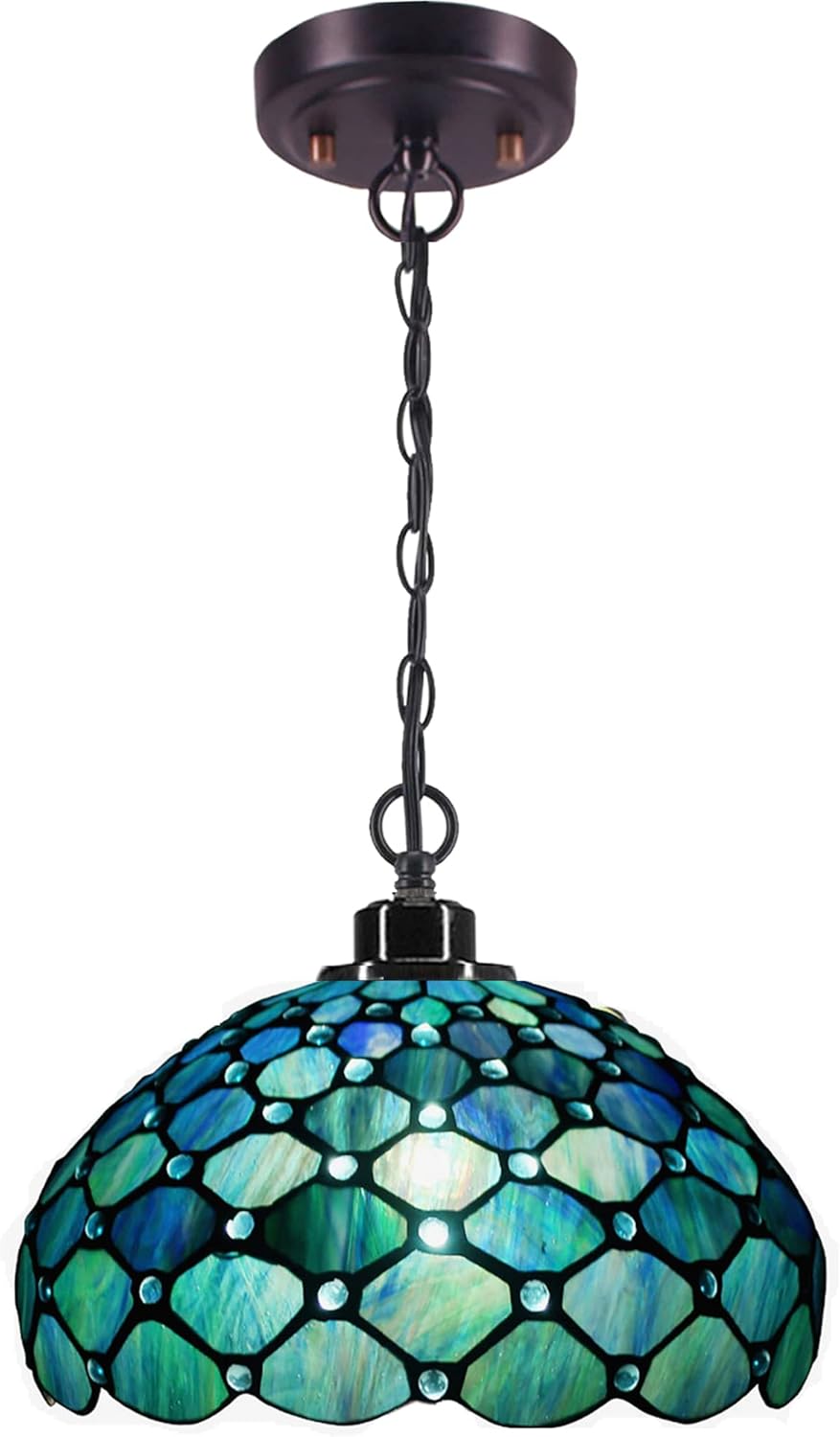 Tiffany Pendant Light Sea Blue Pearl Style Stained Glass Swag Lamp 12X12X34 Inch Ceiling Hanging Light for Living Room Dining Room Bedroom