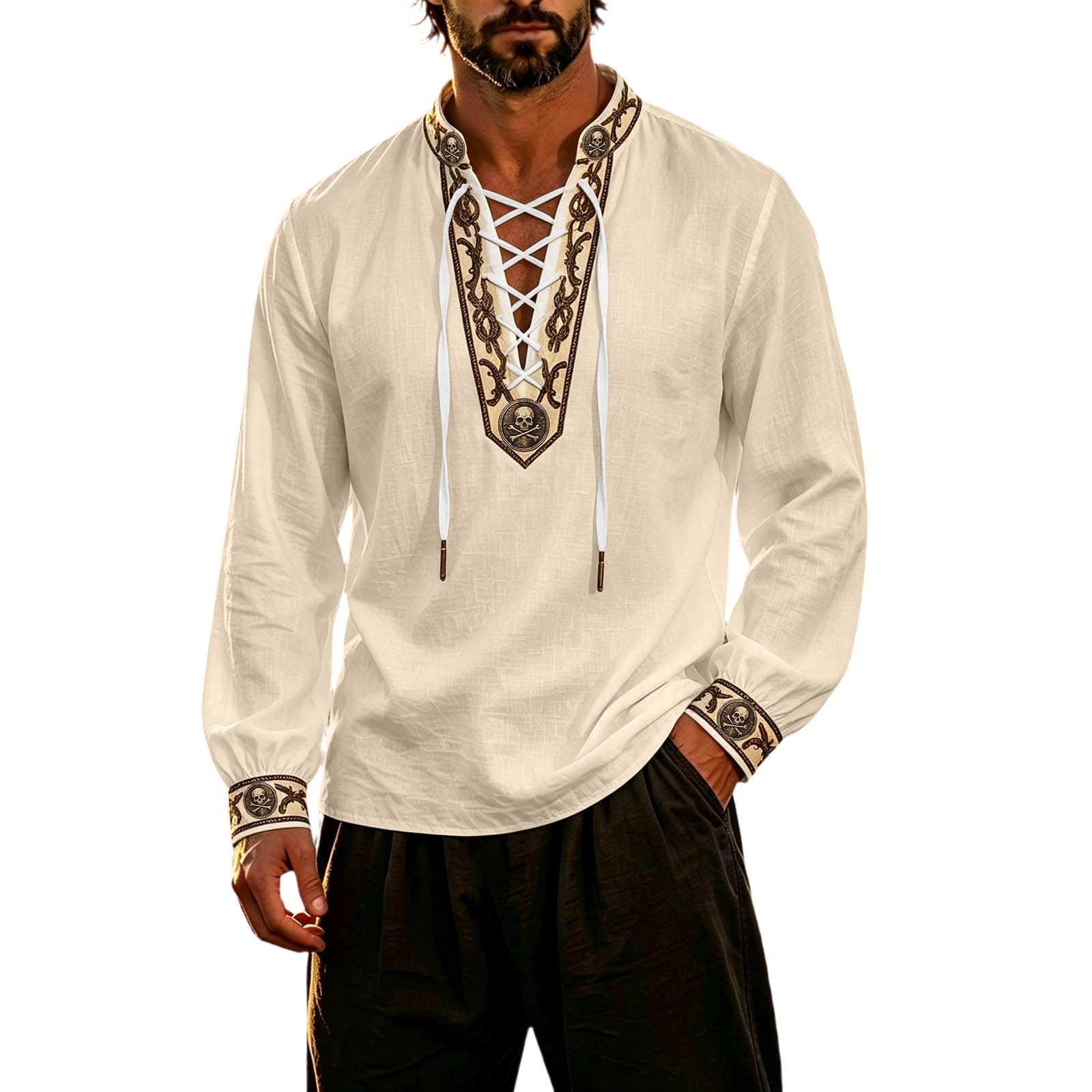 Classic Themed Men's Long Sleeve Shirt for Adventure Nautical Style Top with for Everyday Wear and Cosplay (j-Beige, XL)