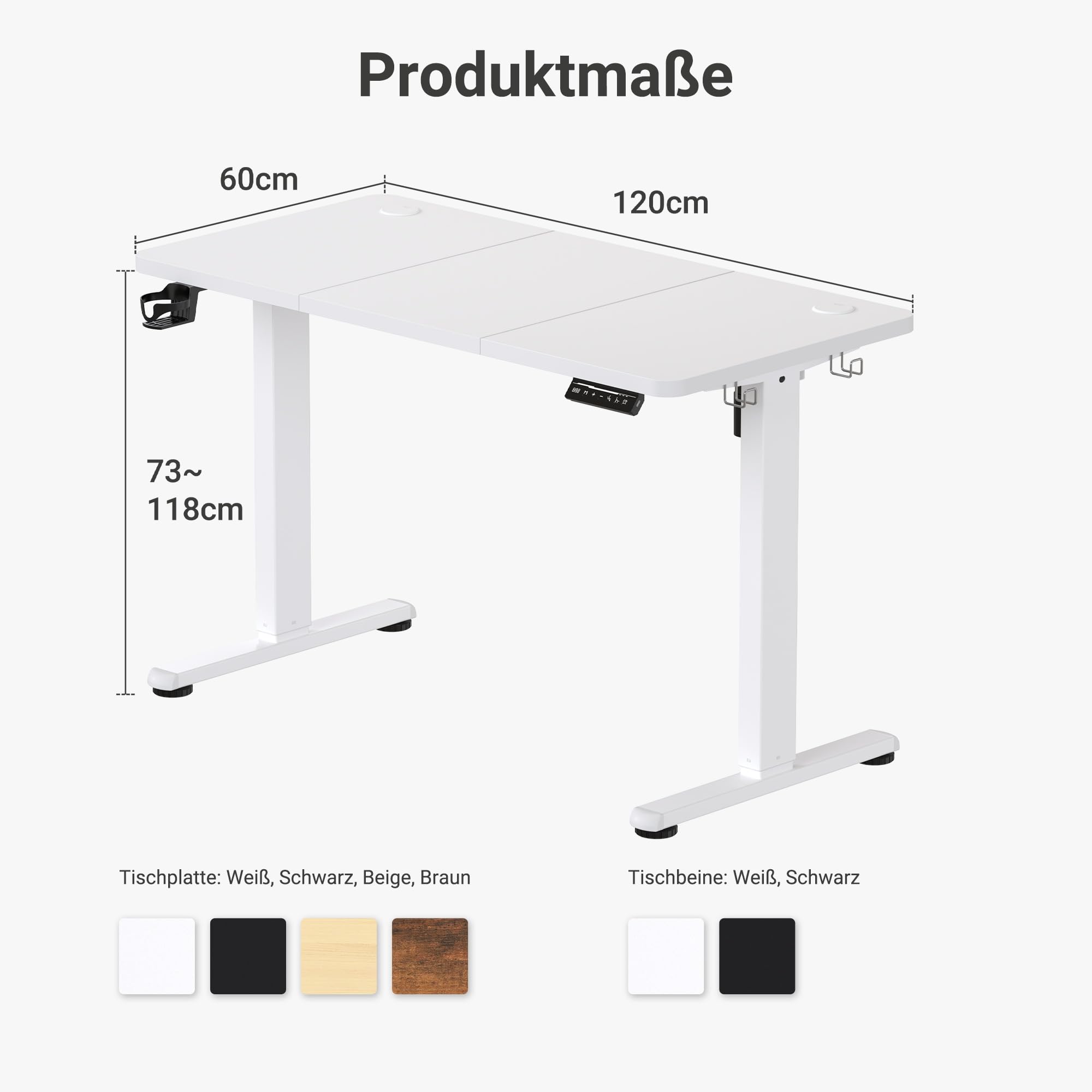 Höhenverstellbarer Schreibtisch mit USB-C Ladeanschluss 120 x 60cm, Memory-Funktion Stabiler Schreibtisch Höhenverstellbar Elektrisch, Steh-Sitz Tisch Stehpult Verstellbarer Computertisch, Weiß