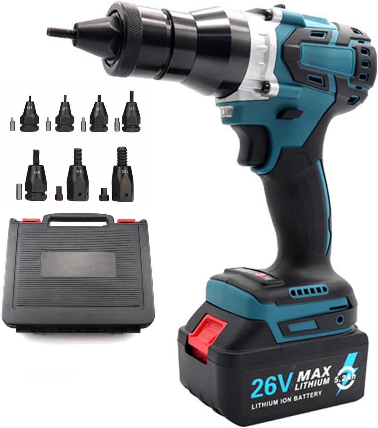 McbeAn Cordless Rivet Gun, Electric Pull Screw Nut Gun with M3 M4 M5 M6 M8 M10 M12 Head, Portable Pulling Blind Nut Riveter Tools, for Stainless Steel/Iron/Aluminum Nuts
