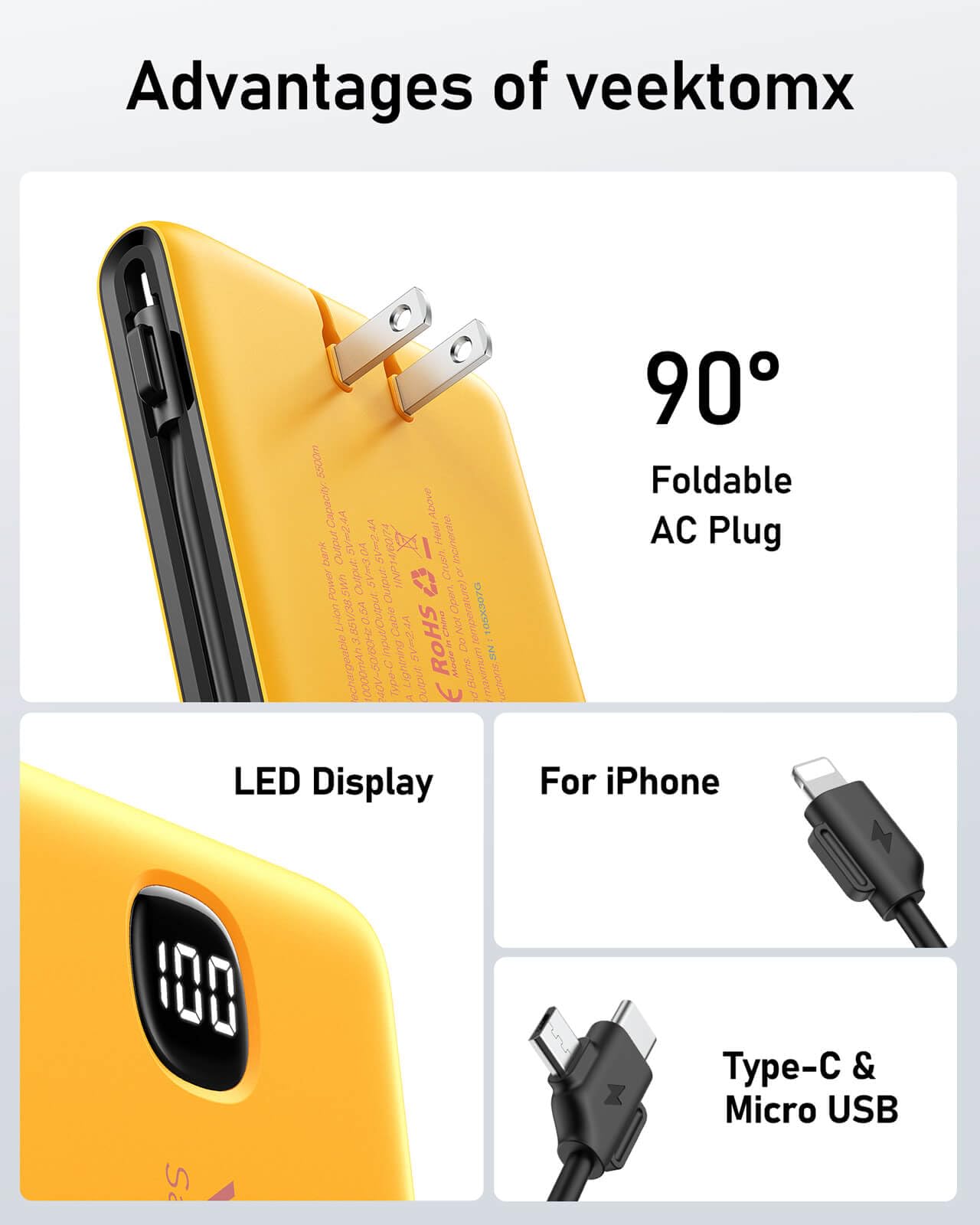 VEEKTOMX 10000mAh Portable Charger with Built-in Cables & Wall Plug view 8