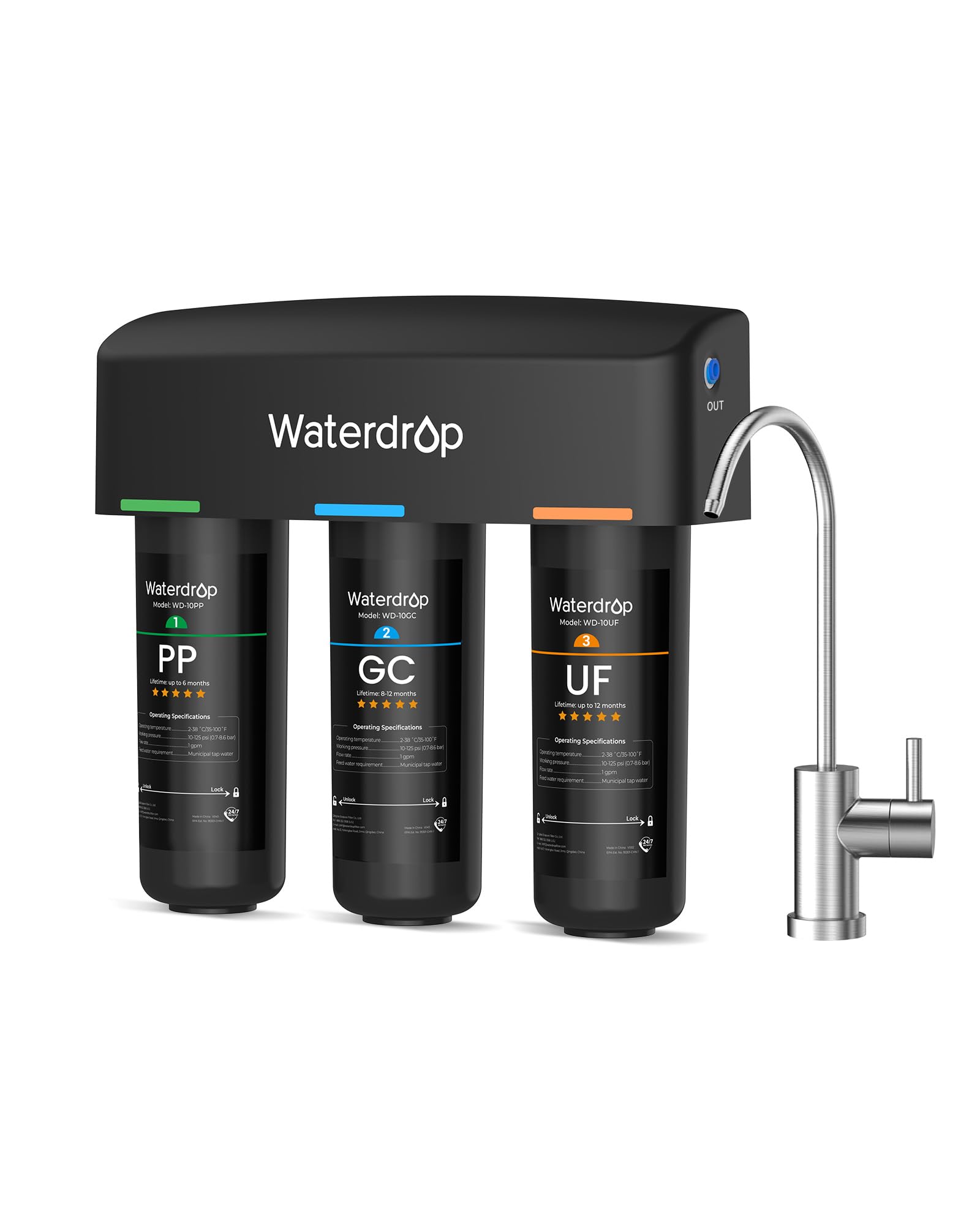 Waterdrop TSB-UF 0.01 μm Ultra Filtration Under Sink Water Filter System, 9 Layer Under Sink Water Filtration System, Reduces Chlorine, Fluoride, Taste&Odor, with Dedicated Faucet, Easy Installation
