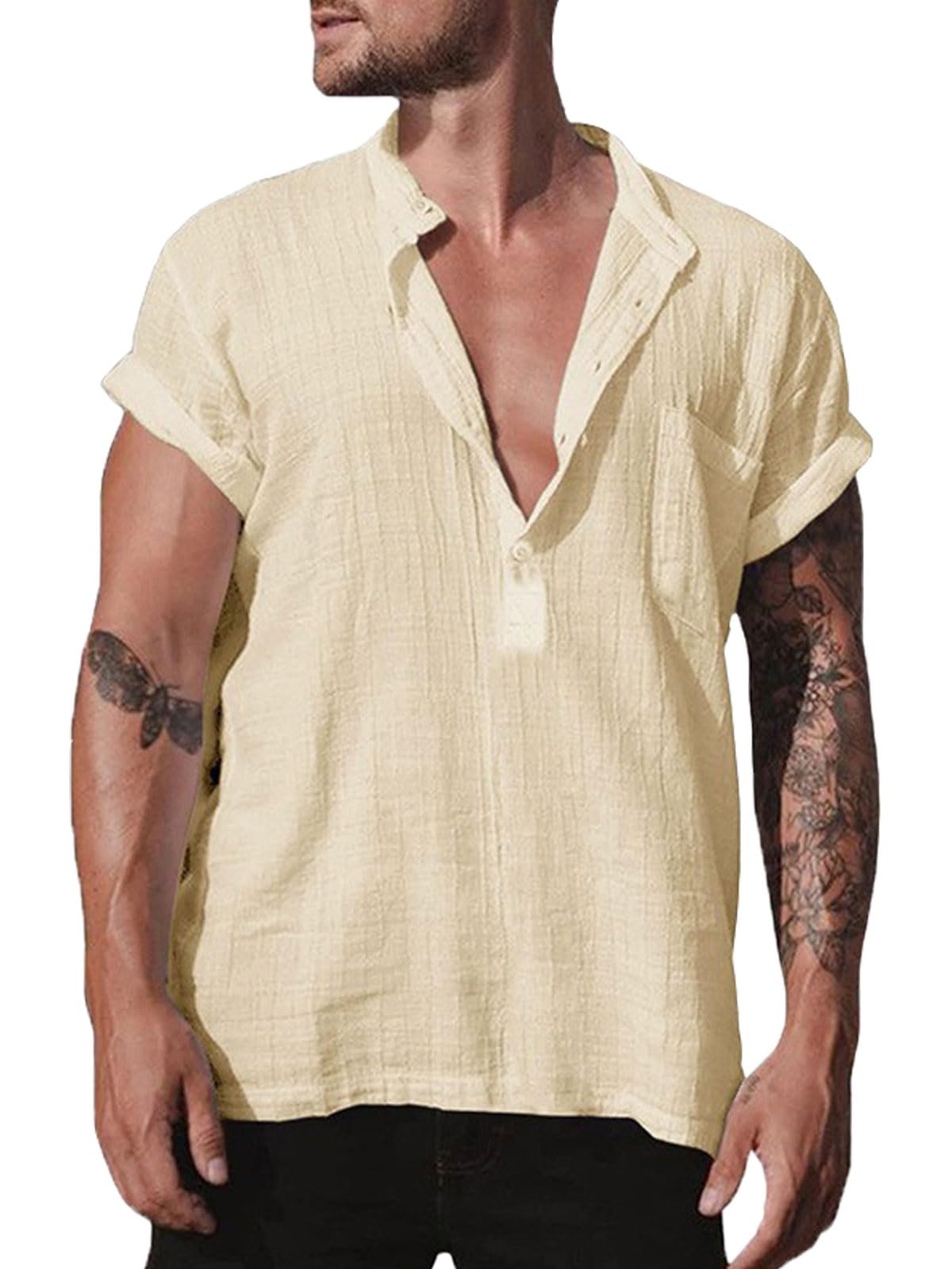 Halfword Camisas de lino para hombre, de manga corta, cuello henley, de algodón, con botones, para vacaciones, bodas