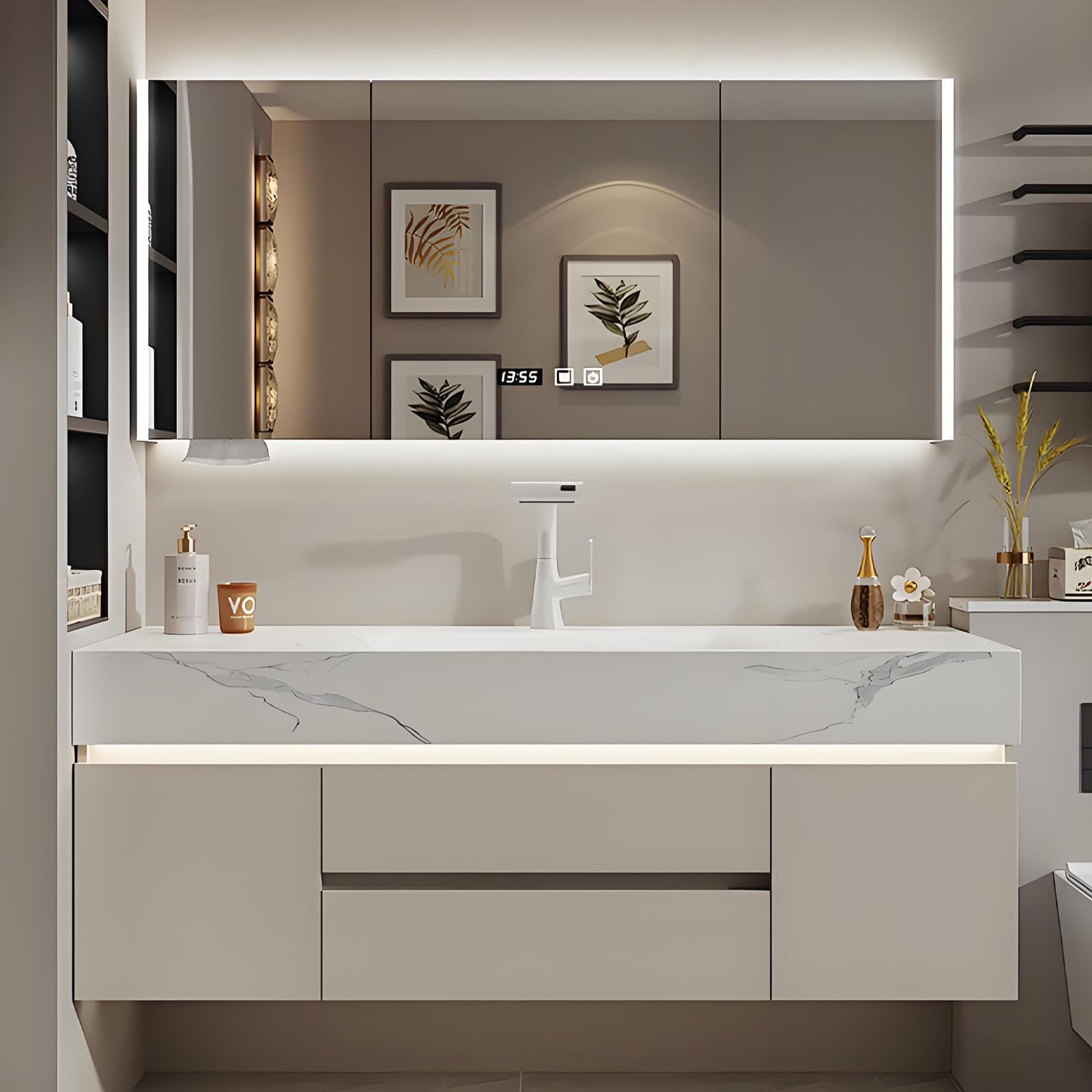 52 in Modern Bathroom Vanity - Bathroom Vanity Cabinet Seamless-Stone Sink Multiple Storage Drawers Sink Floating Wall Mounted