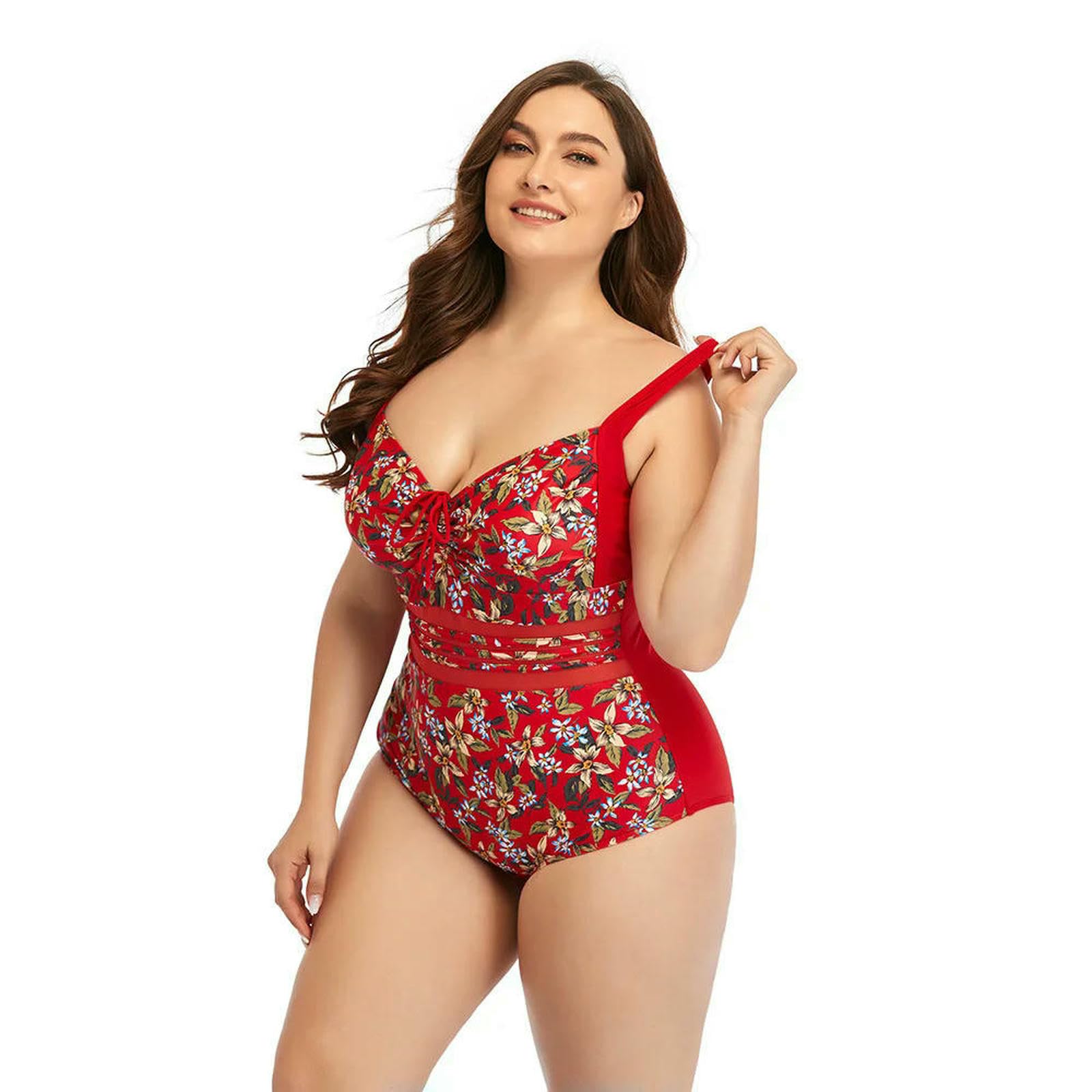 Traje de baño Talla Grande for Mujer en Mezcla Poliamida | Negro Floral Múltiples tamaños for la playa: control y soporte de la barriga