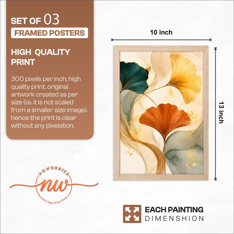 Image of NoWorries Abstract Ginkgo Leaf Wall Art Frames Set of 3 | Modern Botanical Look Paintings with Gold & Teal Leaves | Premium 300 GSM Prints in Synthetic Wooden Frames | Living Room, Bedroom, Office & Home Decor (NATURAL, ART-15, 10X13INCHES)