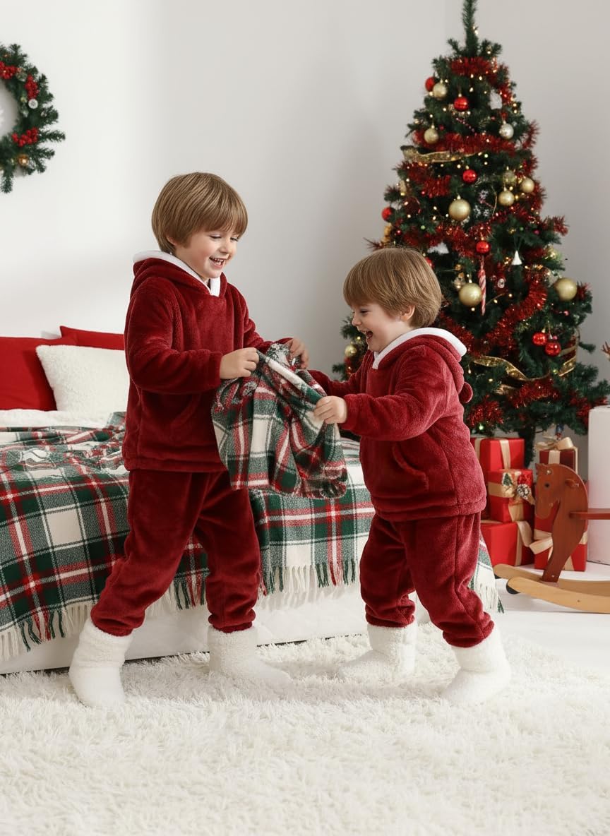 WISREMT Toddler Fleece Tracksuit Sets Girls Boys Christmas Fuzzy Sweatsuit Winter 2 Piece Outfit Warm Sweatshirt Jogger Pants
