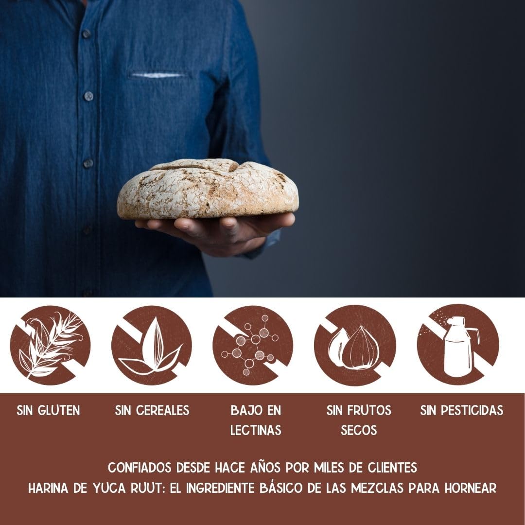 Ruut Mezcla de Harina sin Gluten a Base de Harina de Yuca - Sustituye el Trigo para Hacer Panes y Bollos sin Aditivos con Harina sin Gluten - Harina de Pan Paleo, Vegetariana, Duradera - 3x810 g