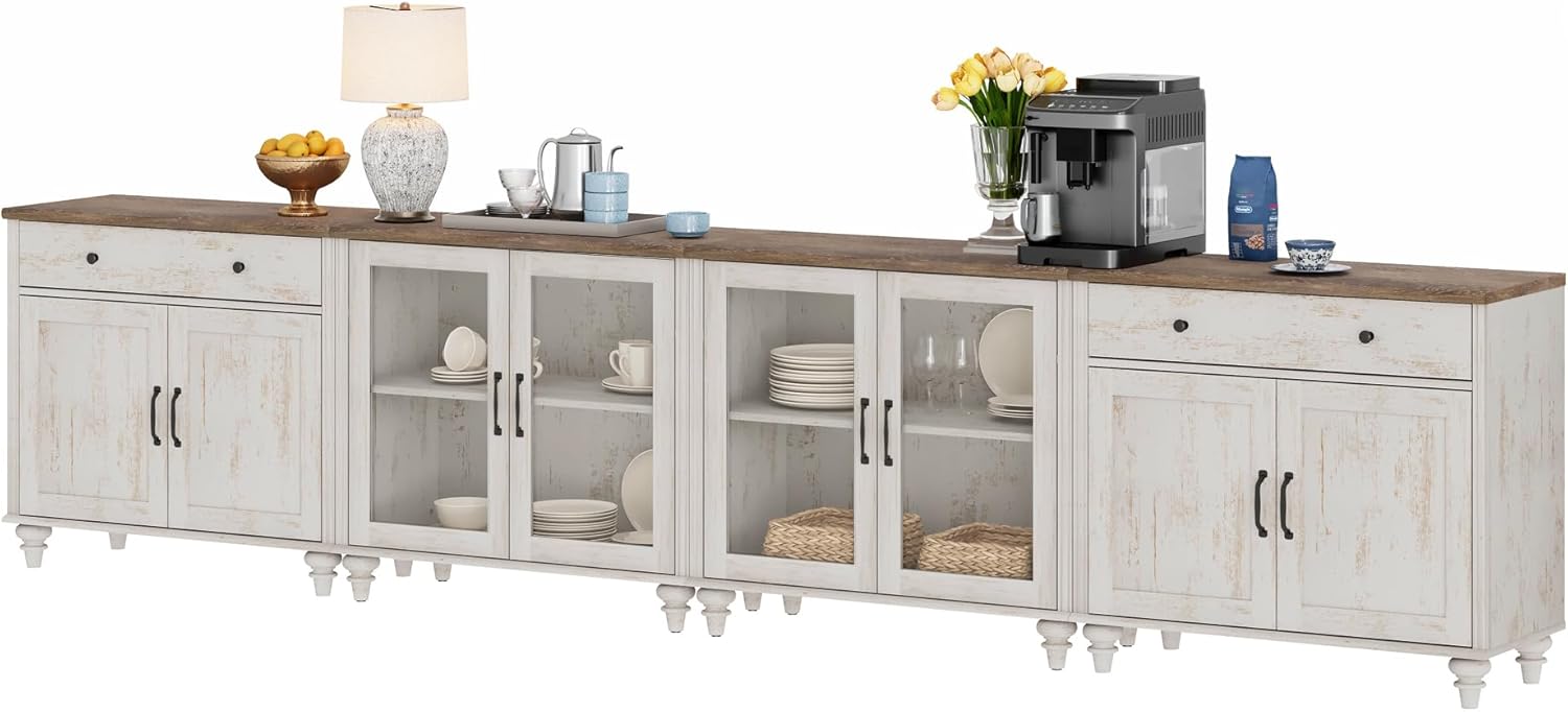 WAMPAT Sideboard Cabinet with Glass Doors, Wood Doors and Drawers, Vintage Wood Grain Design, 4-in-1 Buffet Cabinet with Storage, Coffee Bar for Dinning Room, Kitchen,and Living Room, Rustic White