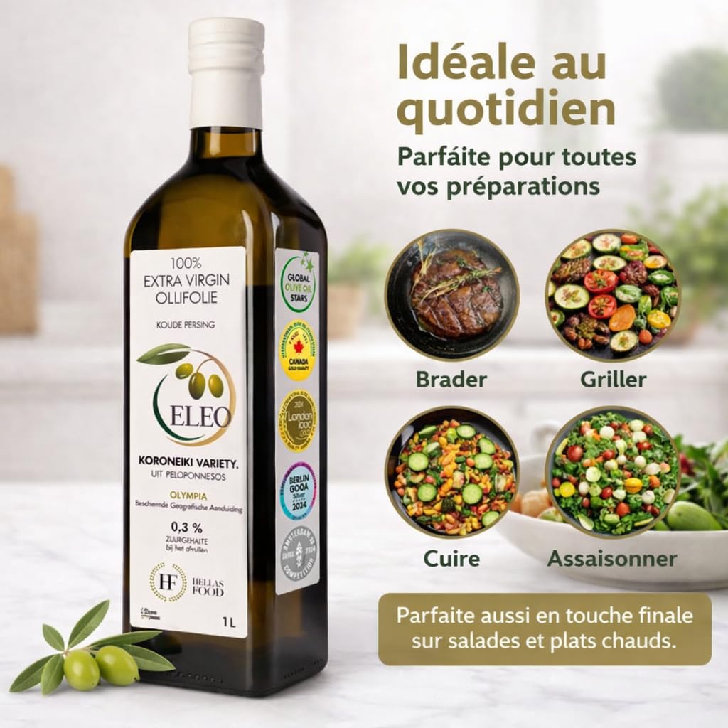 ELEO Olympia - Huile d’Olive 1L Bouteille Extra Viege - Pressée à Froid - 100% Olives Grecques Koroneiki - Qualité Supérieure - Riche en Antioxydants - Lauréat de Médailles Internationales