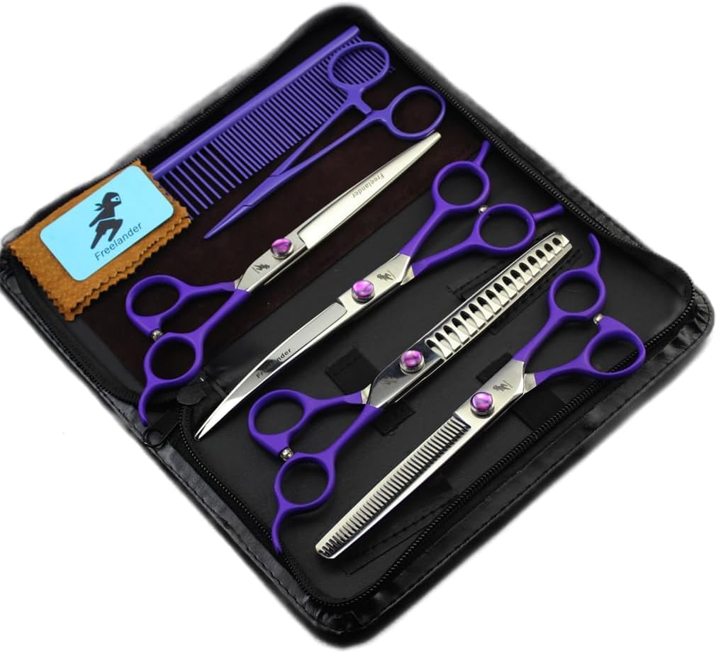 Kit di Forbici per toelettatura per Animali Domestici - 7,0 Pollici, 6CR in Acciaio Inossidabile per Cani e Gatti Taglio a Forbice/Kit di Taglio a Taglio Curvo- 8pcs