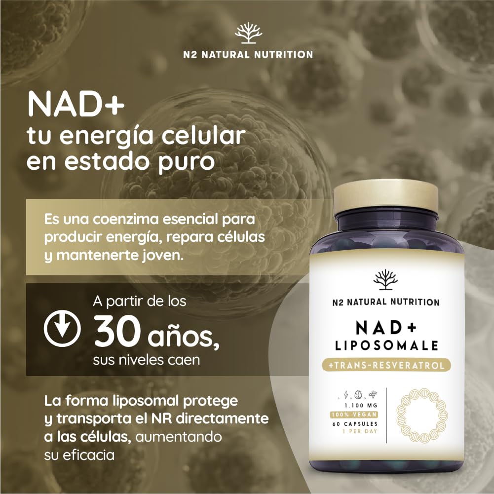 NAD Resveratrol 1100 mg. Fórmula Liposomal con Nicotinamide Riboside, Niacina y Vitamina E, Antiedad, Bienestar Cognitivo, Vitalidad y Salud Celular. N2 Natural Nutrition