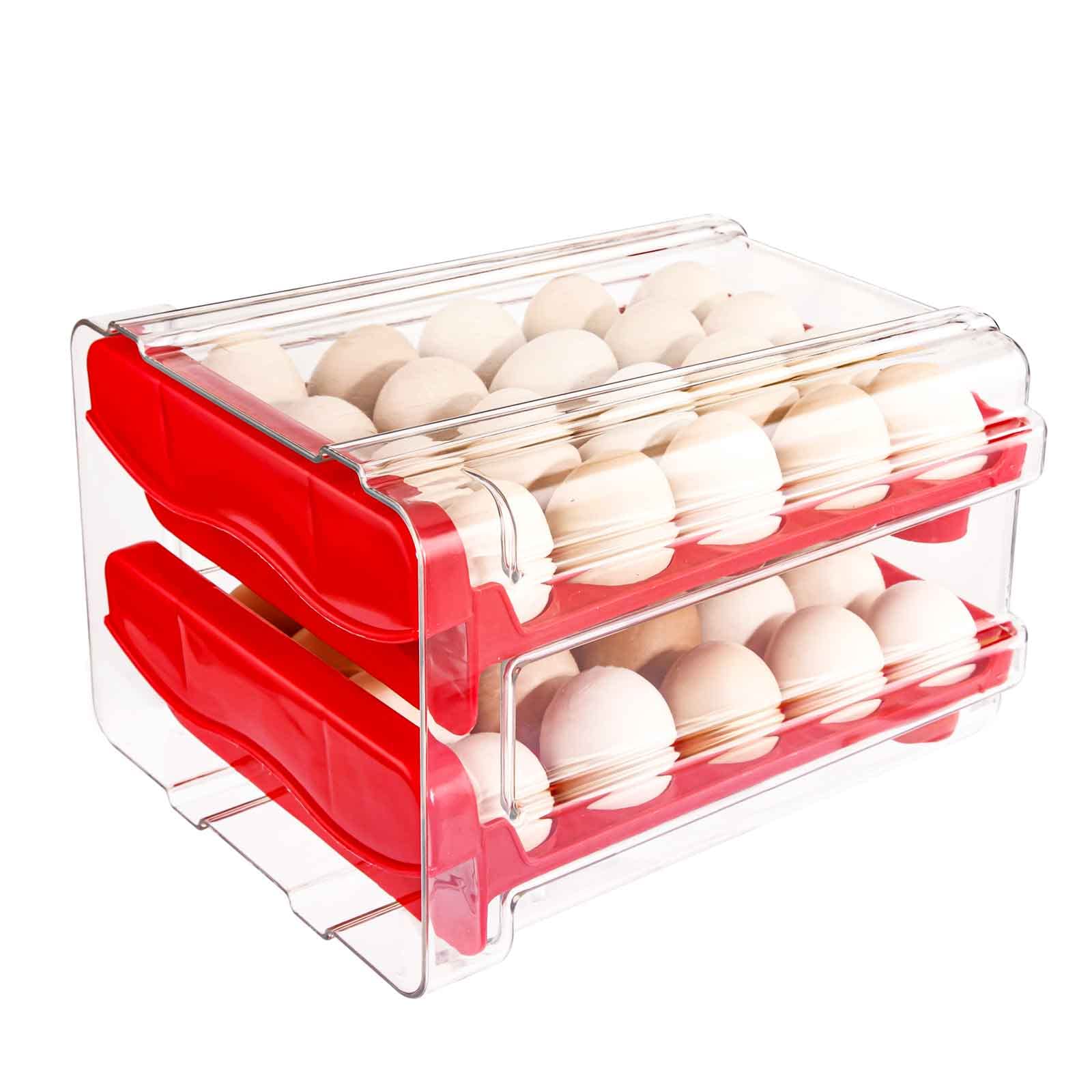Rubtlamp Red Egg Holder for Refrigerator, 2 Drawers Egg Storage Container with Handles, 40 Capacity Refrigerator Egg Storage Bin, Stackable Egg Fresh Storage Box,Plastic Egg Holder for Kitchen