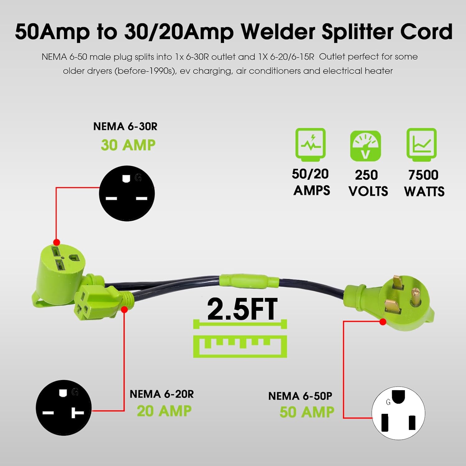 50Amp to 30Amp Welder to Electrical Heater Adapter, NEMA 6-50P to 6-30R/6-20R Y Splitter Cord, Adapter for 30Amp and 20Amp Welder and Level 2 EV Charger, 240V STW 3/10 AWG, 2.5FT