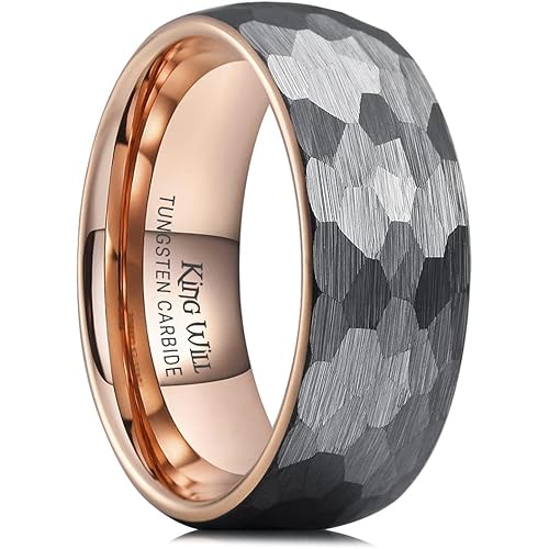 King Will Men's Tungsten Carbide Wedding Ring Hammered Groove Wedding Band Mens Two Tone Engagement Ring for Men and Women Matte Brushed Finish Comfort Fit