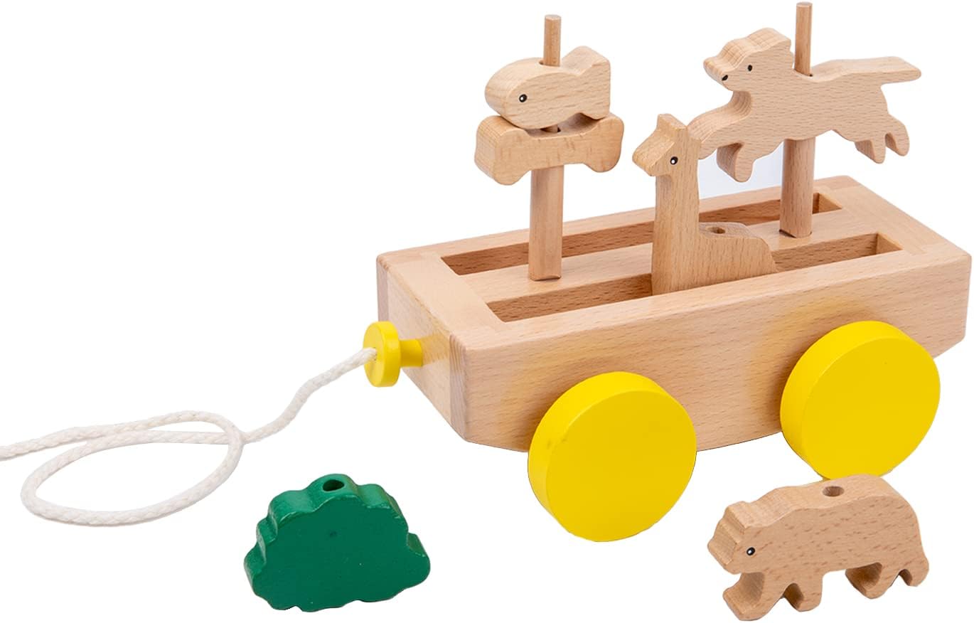 Adena Montessori Wooden Pull Long Trailer Toys - Wooden Pull Car Interactive Animal Towing Toy for Kids 1-3 Years Old Cognitive Development
