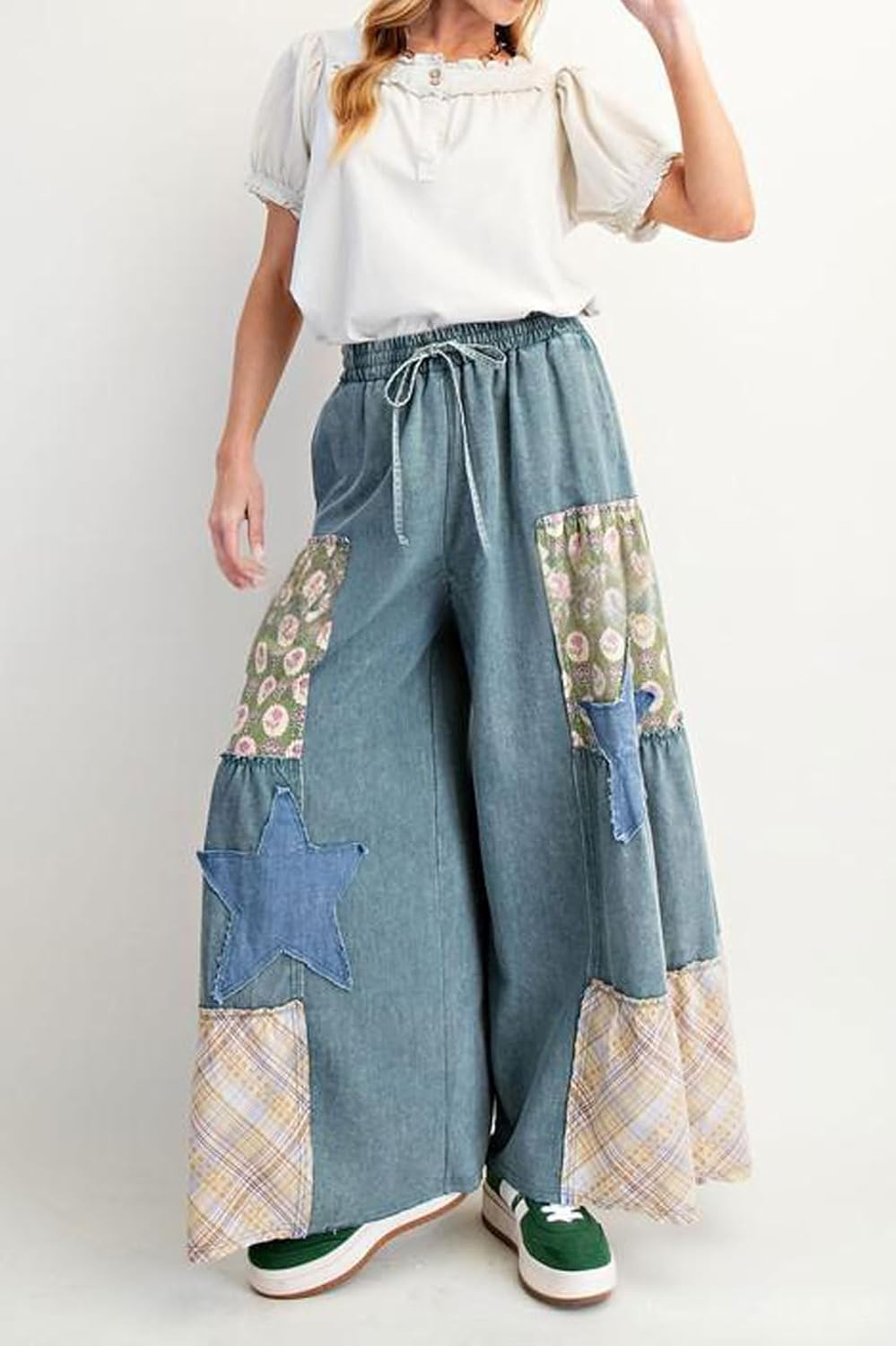 CHARTOU Women Baggy Ruffle Wide Leg Jeans Culotte Elastic High Waist Drawstring Cargo Denim Pants