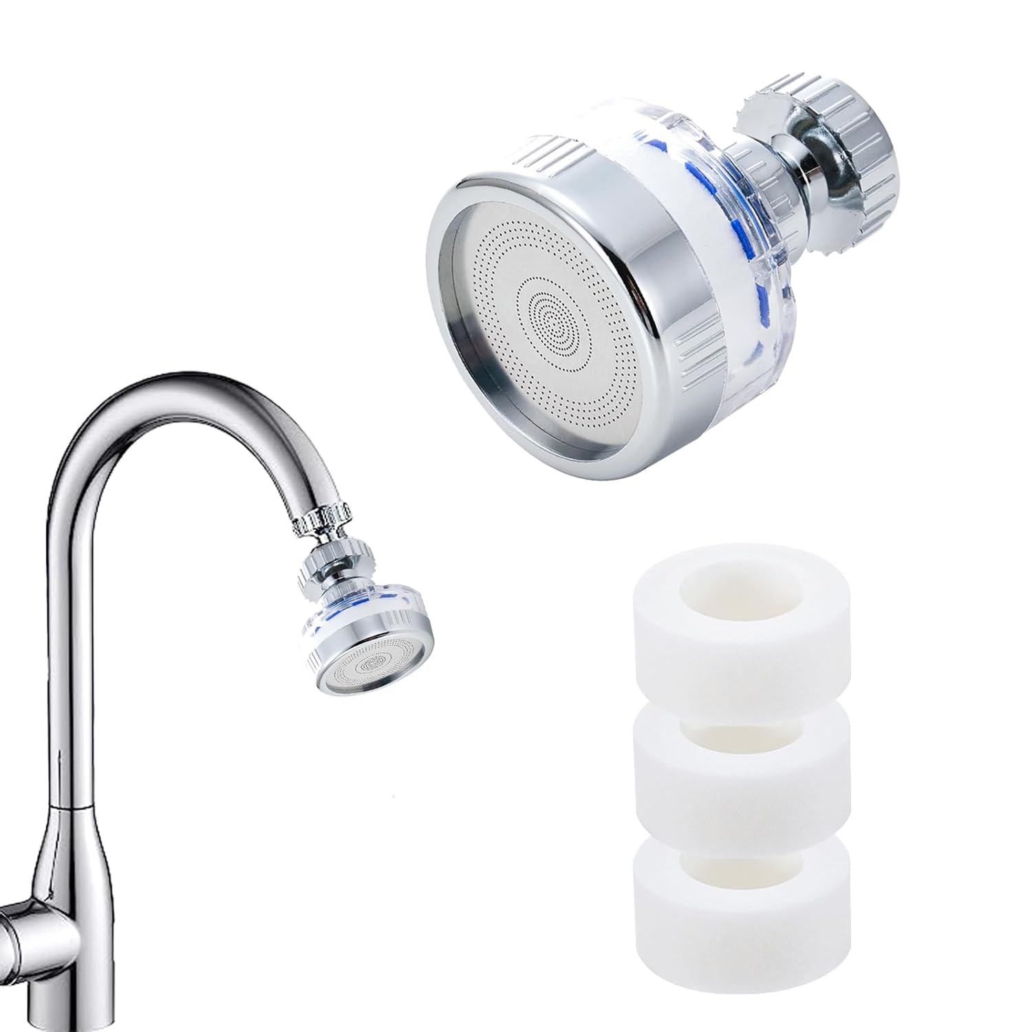 360 Degree Rotating Faucet Water Purifier Chlorine Reduction ABS and Stainless Steel 3 Filter Cartridges Included