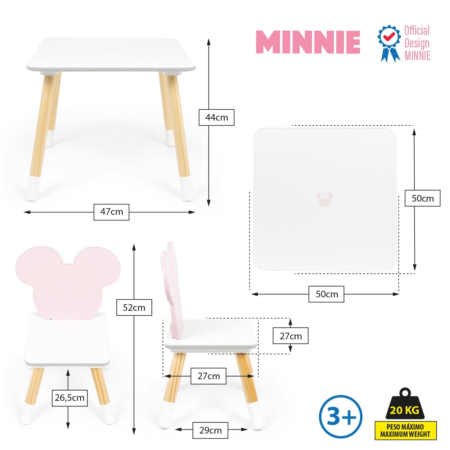 ARDITEX - Set de Mesa y 2 Sillas Infantiles de Madera - 50x50x44 cm y 26,5x26,5x50 cm - Ideal para Jugar, Pintar y Hacer Manualidades - Licencia Oficial Minnie Mouse