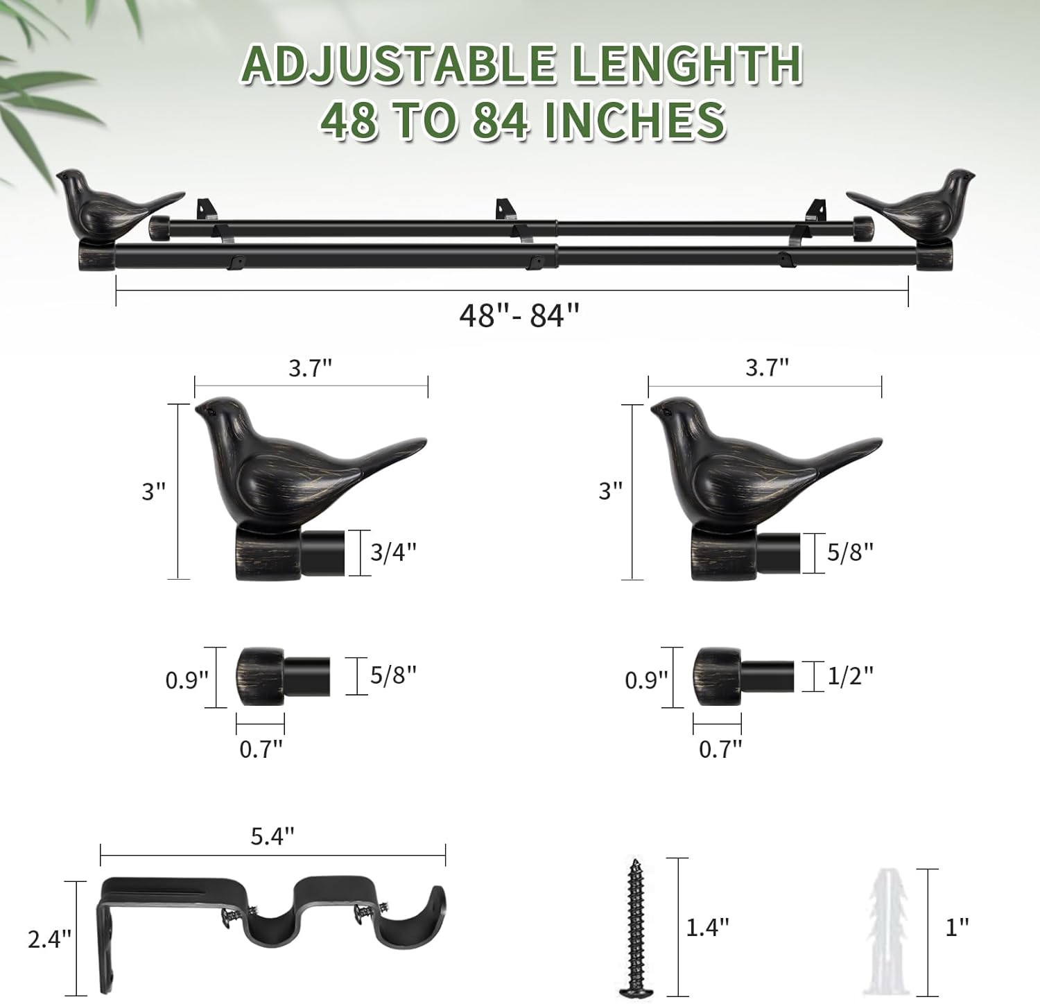 MERIVILLE 3/4" Diameter Farmhouse Double Window Treatment Curtain Rod, Bird Finials (48"-84", Burnt Gold)