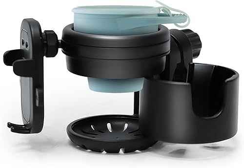 Soporte para teléfono 3 en 1 para cochecito universal con soporte ajustable para teléfono, soporte doble para taza para silla de ruedas para andador