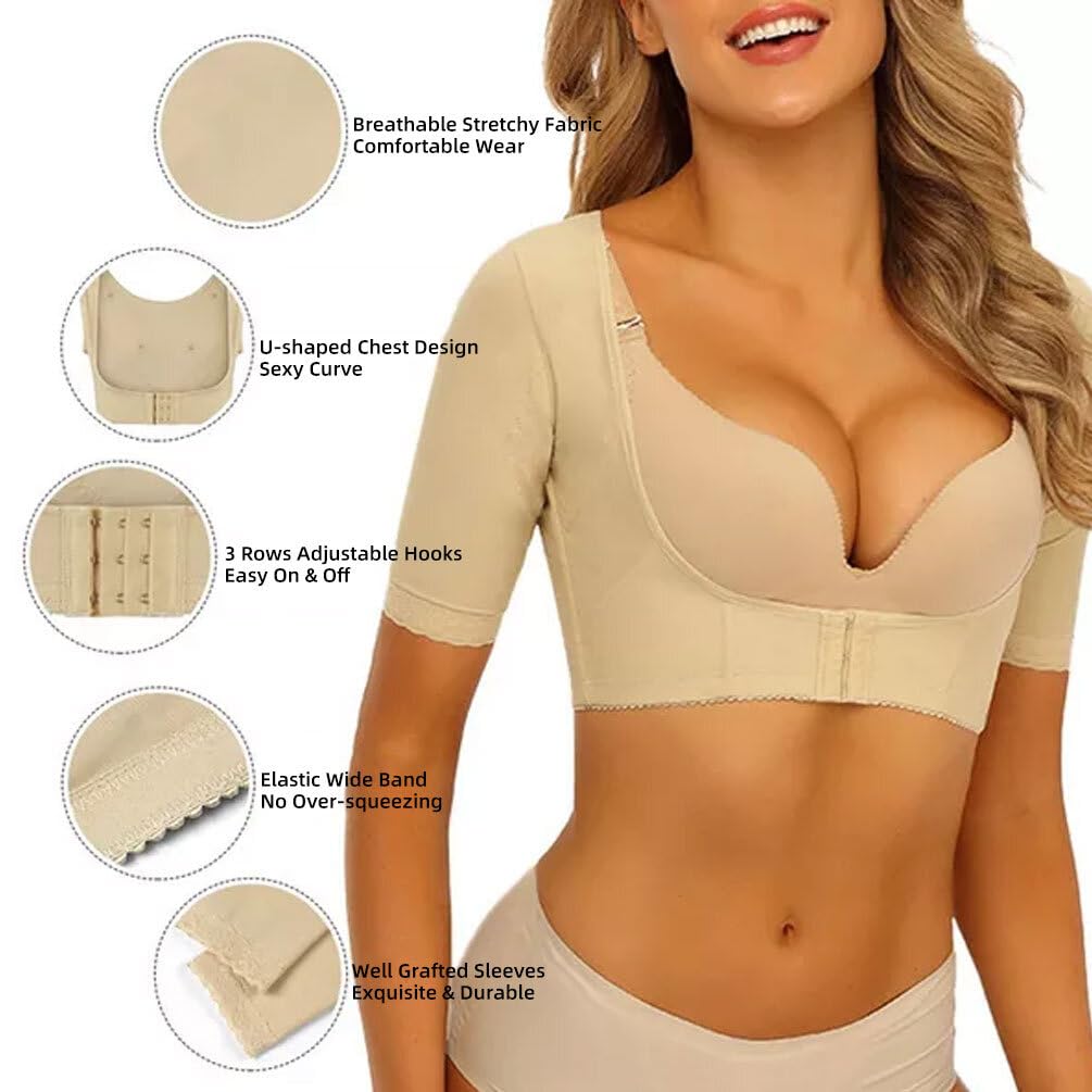 2PCS Mujeres de Compresión Shapewear Tops Manga Larga Cintura,Formador de Brazo con Mangas de Compresión,Adelgazante Control Shapers Posture Correction Cuerpo Hombro Posture Correcta