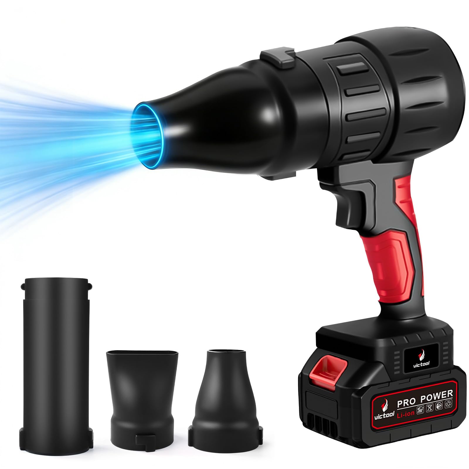 Souffleur à feuilles turbo à main avec ventilateur sans fil, 800W 35000 tr/min avec batterie 1300mAh et 3 buses, souffleur à air portable pour feuilles, poussière, neige, déblayage de voiture