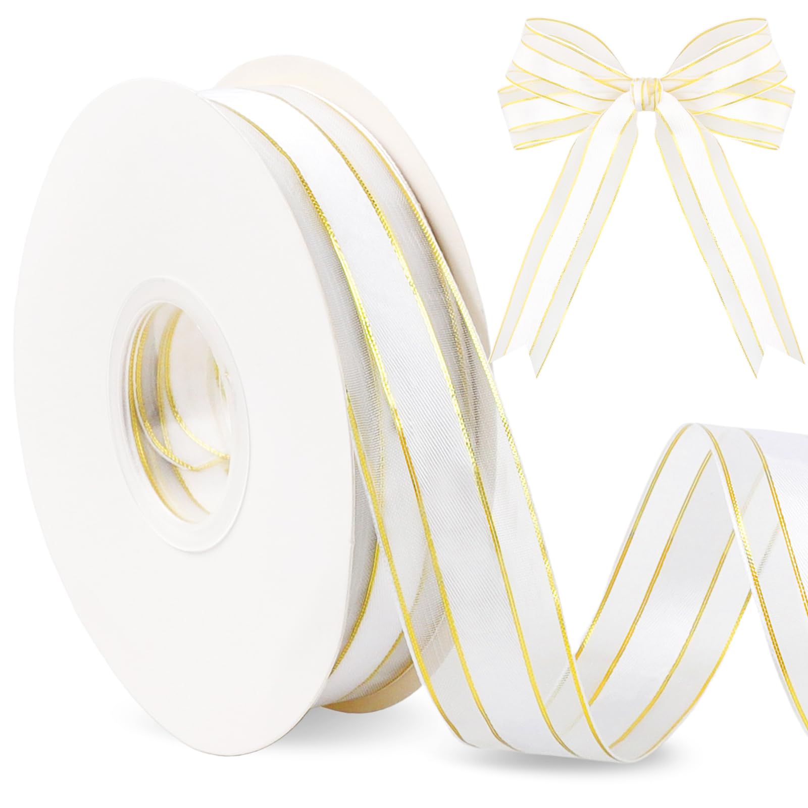 Photo 1 of !!FINAL SALE!!
White Sheer Organza Ribbon 50 Yards 1 Inch White Organza Gold Edge Sheer Ribbon for Flower Bouquet Golden Gifts Wrap Chiffon Ribbons for Fathers Day DIY Crafts Christmas Wedding Birthday Party Decor