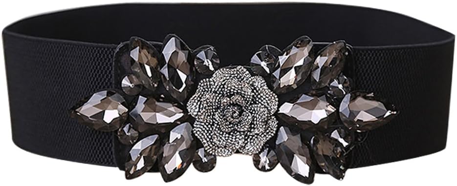 E-Clover Fashion Floral Rhinestone Buckle Women's Elastic Waist Cinch Belt for Dress (Black01)