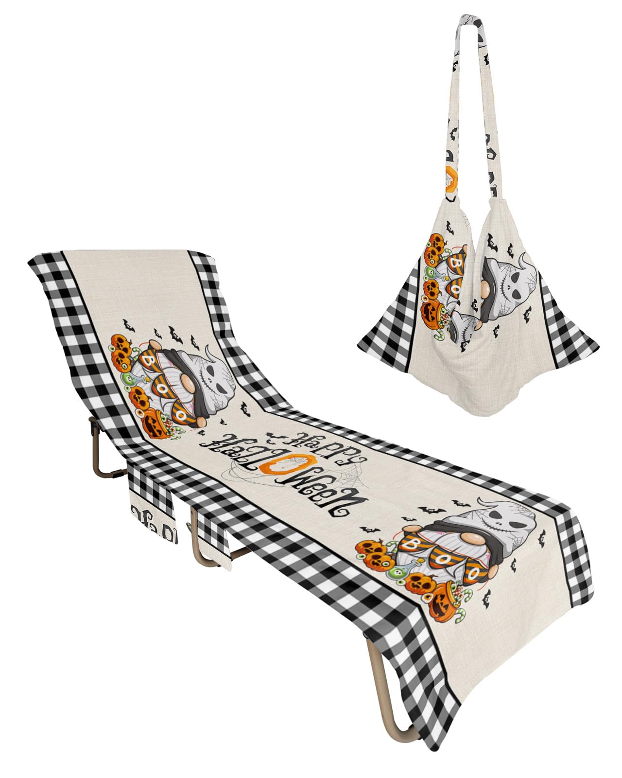Halloween Beach Lounge Chair Towel Cover, Soft Chaise Lounge Towel with Side Pockets Patio Pool Chairs Cover for Beach/Pool Sunbathing 29x85 Black and White Checkered Boo Gnomes Pumpkins