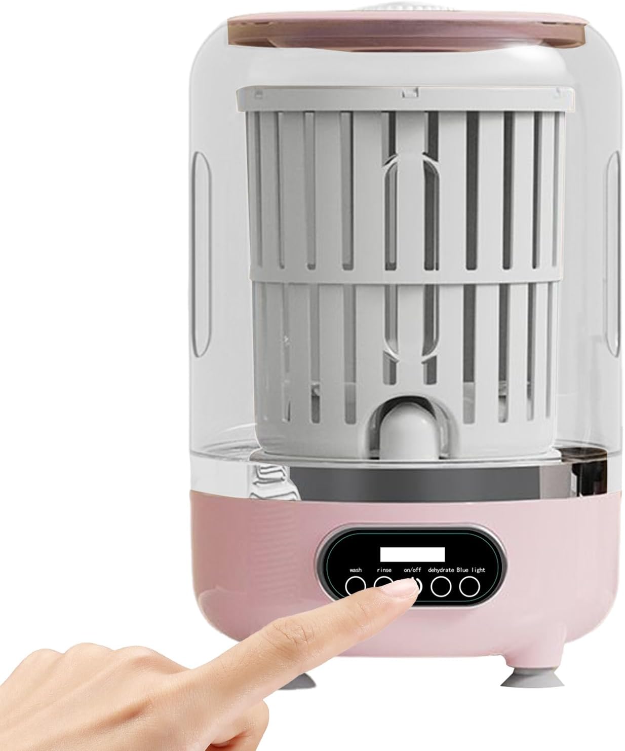 A hand pressing a button on the control panel of the portable washing machine.