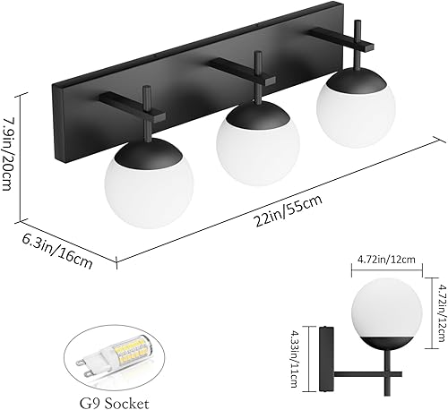 Miniatura 5 de Ralbay Lámpara de tocador de baño negra mate, 3 luces de mediados de siglo, modernas lámparas de baño negras con globo de vidrio lechoso