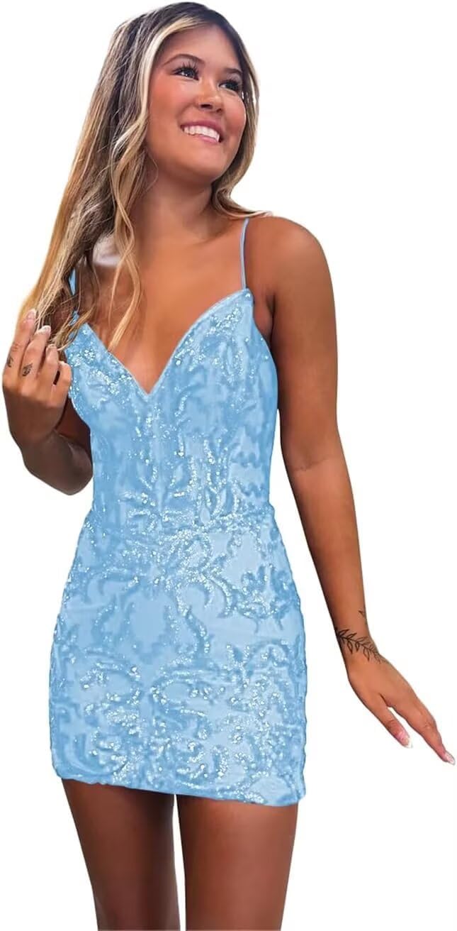 Women's Sequin Homecoming Dress 2025 Short V Neck Mini Party Dresses PU156
