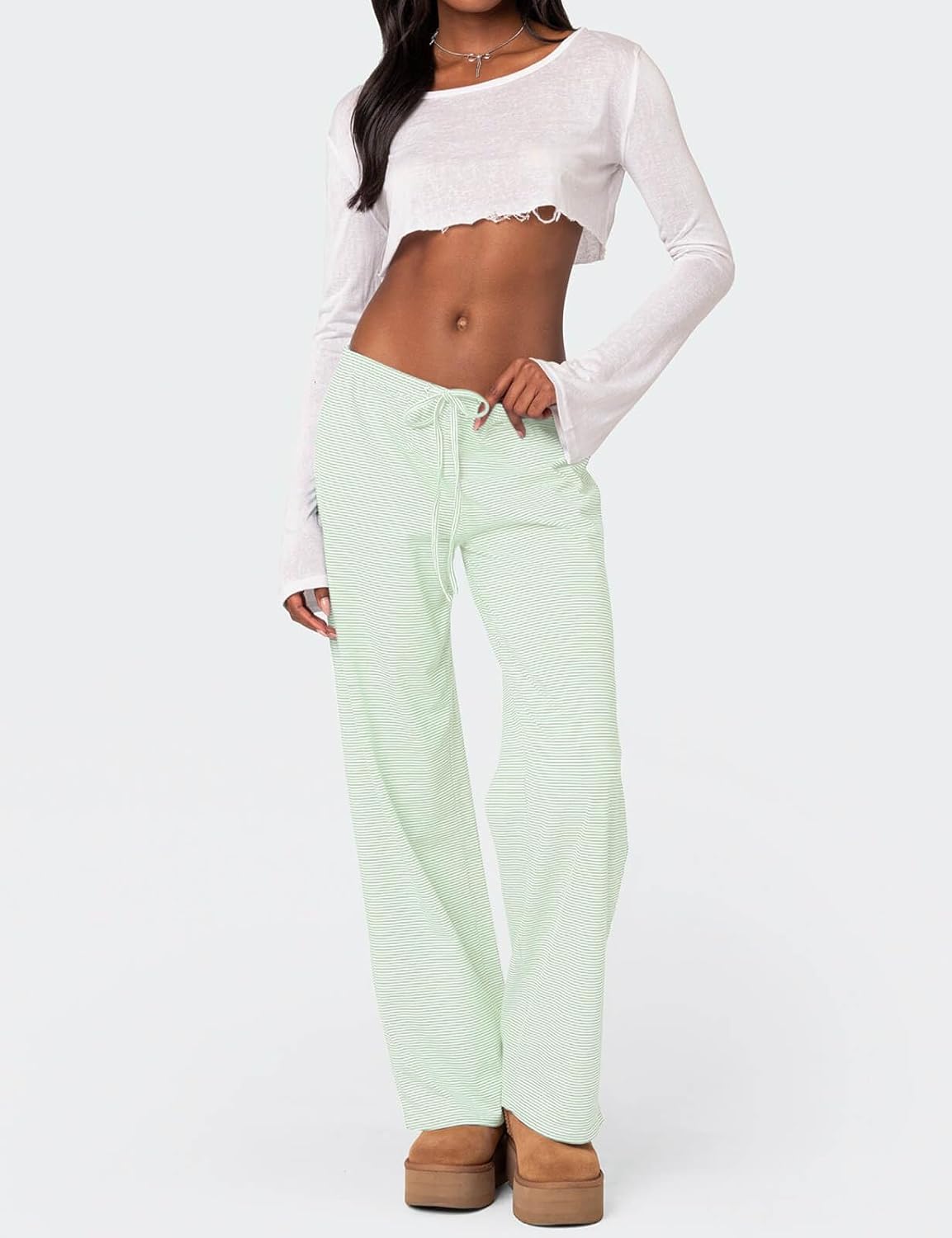 Ugerlov Women's Wide Leg Striped Pants Casual Drawstring Elastic Low Rise Pajama Pants Lounge Wear Trousers - Image 4