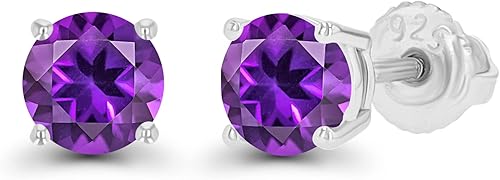 Vista 2 de Aretes de plata de ley 925 chapados en oro de 14 quilates, hipoalergénicos, de 0.197 in, redondos, con piedra natal genuina