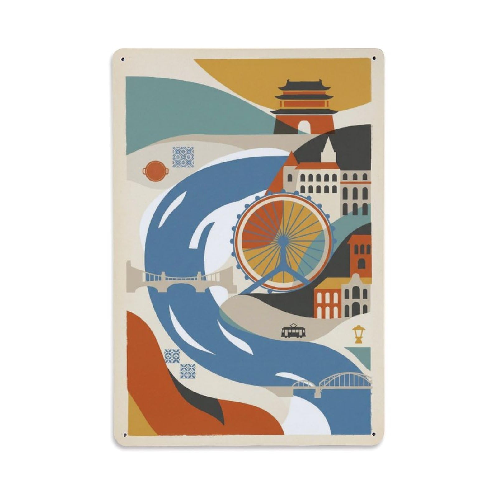 Okngb Style China Tianjin Illustration Travel Chinese Cityscape Metal Tin Sign Plaque Wall Decor For Cafe, Man Cave, Club Bar, Office, Home Garden Round Metal Poster 8X12inch