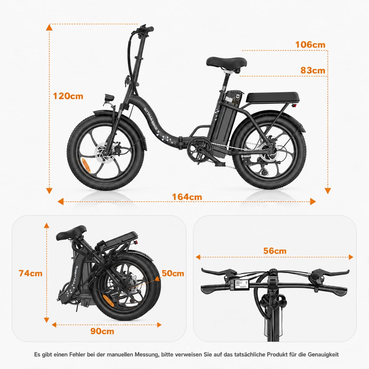 WITAMBIKE C16 E Bike Klapprad 20 Zoll für Herren Damen, 250W Pedelec, 48V 16Ah Akku bis 100 km, Fatbike Elektrofahrrad für Pendeln und Reisen, 7-Gang, Federgabel, Scheibenbremsen