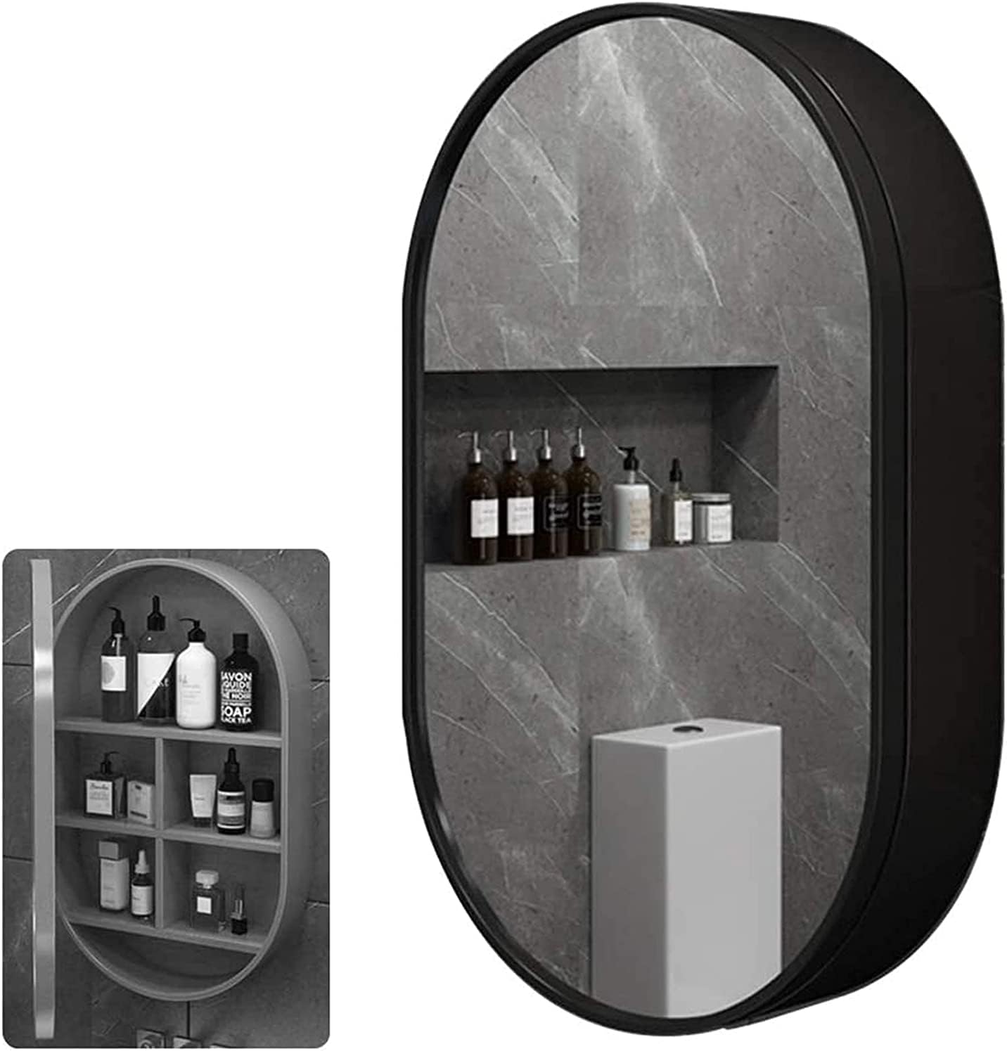 Mirror 2-in-1 Mirror Cabinets Bathroom Wooden Oval Wall Mirror Waterproof Cabinet with Mirror Wall Mounted Vanity Mirror Storage Orga ?Medicine Cabinet,Black,80cmX50cmX14,Black-80cmX50cmX14cm