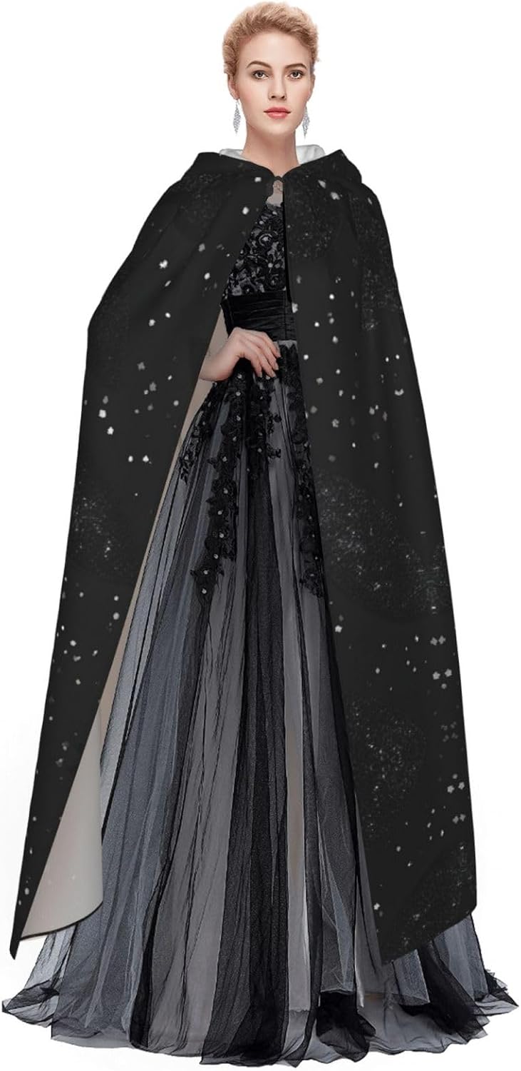 Black Shimmering print Hooded Robe Cloak Long Cape Cosplay Costume Halloween Witch Cosplay Robe for Men Women