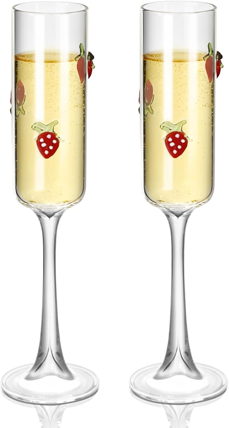 2PCS Icon Champagne Glasses High Borosilicate Glass Party Glassware, Durable & Lead-Free Decorative Drinkware, Unique Gift for Wine Lovers, Party & Home Bar Use (Champagne Glass, Strawberry)