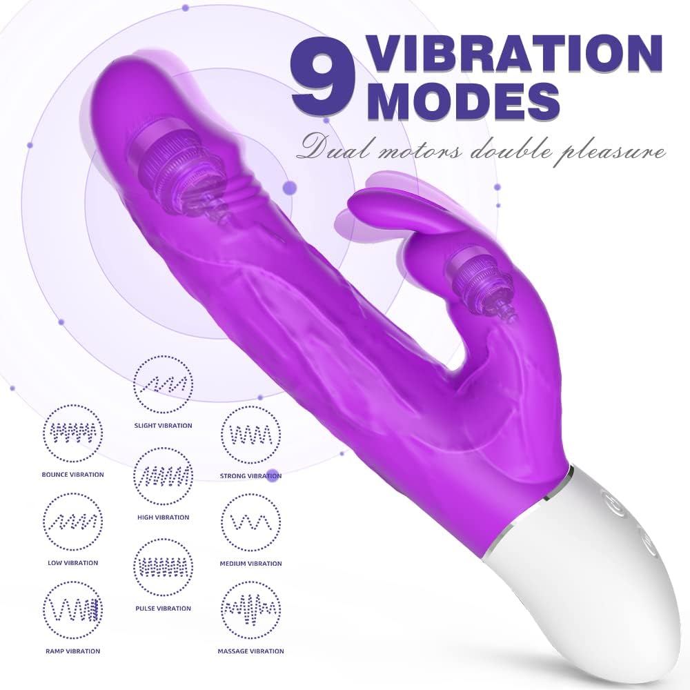 Realistic Rabbit Vibrator with Bunny Ears for G-spot Clitoris Stimulation, Waterproof Rechargeable Dildo Vibrator with 9 Strong Vibrations Dual Motor Stimulator for Adult Women Solo or Couple Fun