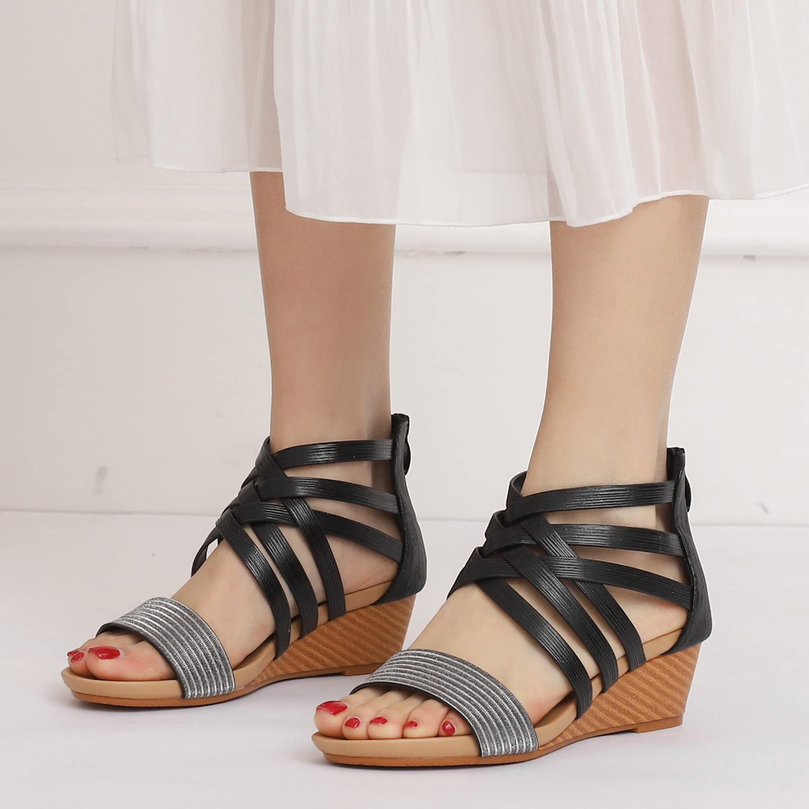 Generico Sandali Da Donna Eleganti Punta Aperta Cinturino Alla Caviglia Estivi Comodi Casual Con Zeppa Scarpe Estive Elastico In Romani Trekking Aperte Confort 40 Sneakers Sandals Women 35