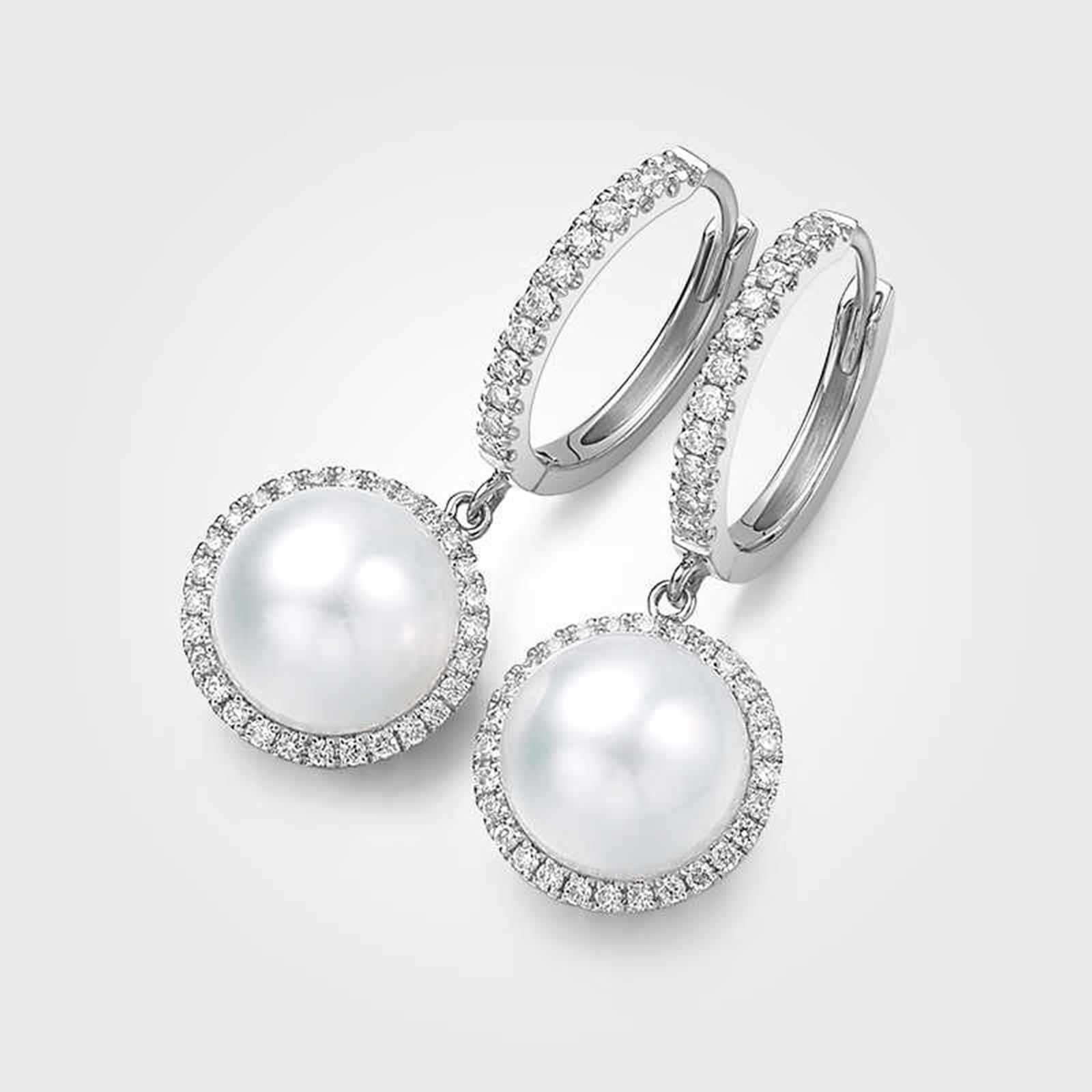 Hängeohrringe Damen Modeschmuck, Ohrringe Groß mit Perle 7,5-8mm und Diamant 0,25ct Weißgold
