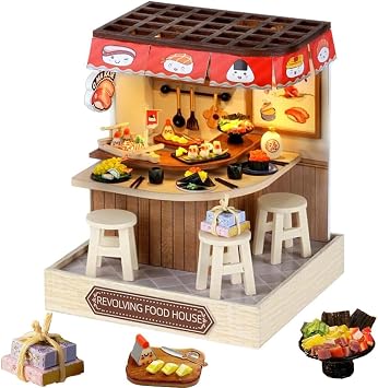 DIY Miniature Dollhouse Kit with Dust Cover,Mini Miniature Wooden Creative Dollhouse DIY Kit Assembled for Birthday Gift Revolving Food House