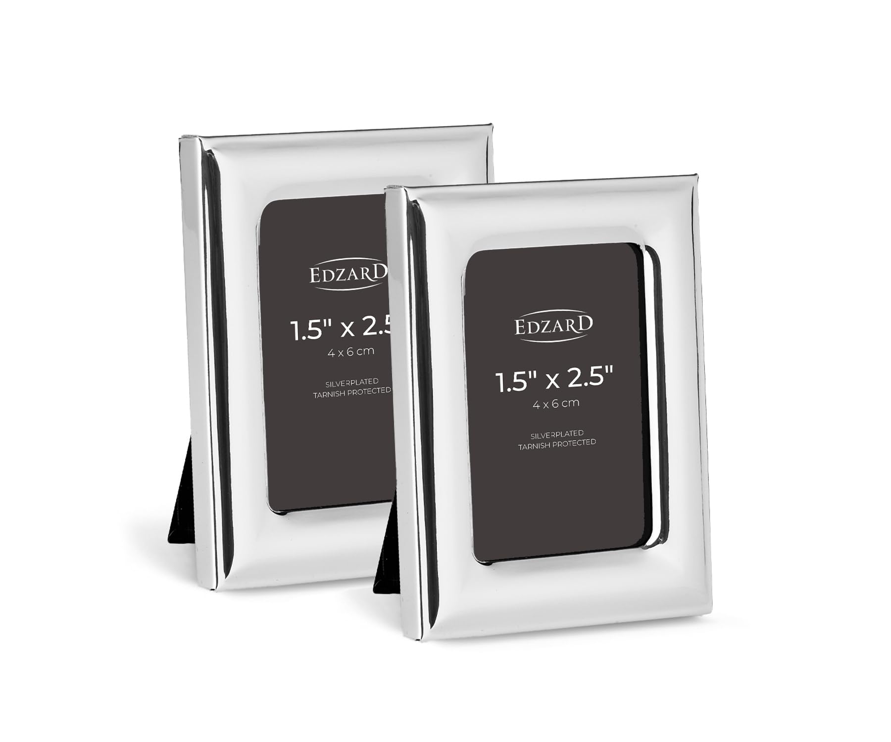 Edzard Polished Silver Set Of 2 Silver Plated Photo Frames 1,5" X2,5 (4X6 Cm) Adria, Non-Tarnishing, High Gloss Finish, Real Glass Front & Premium Velvet Back, Portrait Display