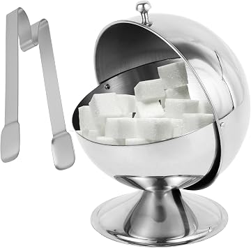 Stainless Steel Sugar Bowl with Roll Top, Spherical Candy Bowl, Sugar Cube Holder, Reusable Candy Jar Cookies Mints Holder with 5.31 Inch Tong for Home Kitchens Coffee Bar Dining Table