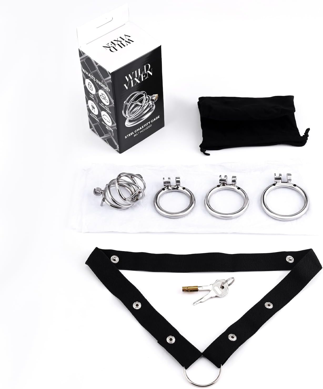 Silent Lock Stainless Steel Chastity Cage with 1-Way Belt and 3 Size Rings- Adult Sex Toy for Bondage