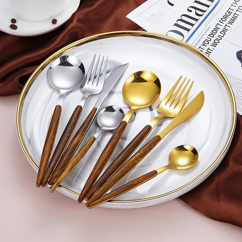 Silverware Flatware Cutlery Set, 24-piece Imitation Wood Stainless Steel Tableware Portuguese Steak Knife, Fork And Spoon Wooden Gift Box Set (Color : Gold, Size : 24Pcs with Box)